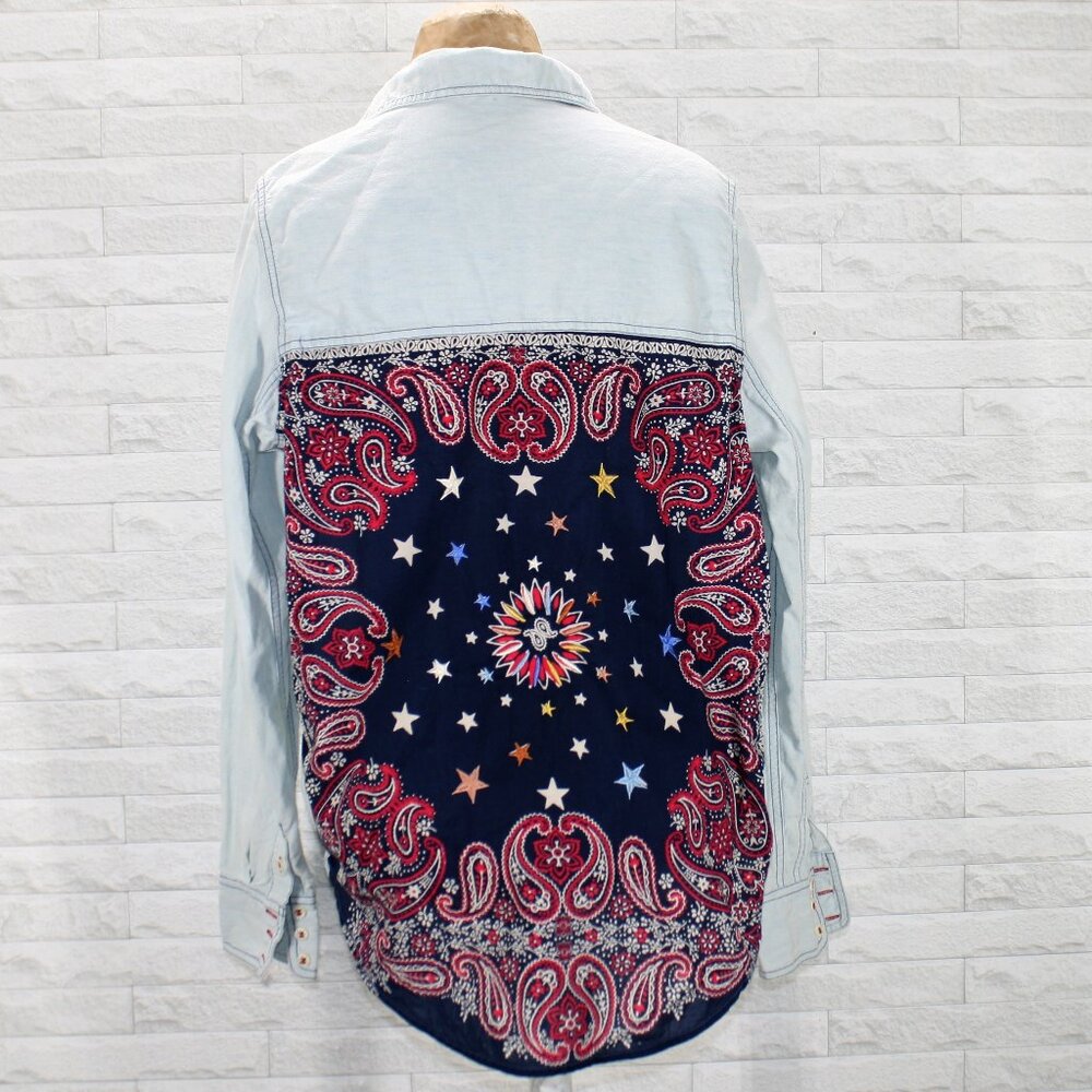 Free People Light Wash Button-Down with Navy Paisley & Star Back Panel